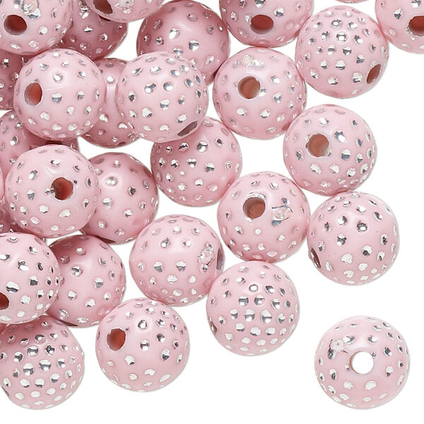 Bead, acrylic, pink and silver, 10mm round with dots. Sold per pkg of 100. image number 0