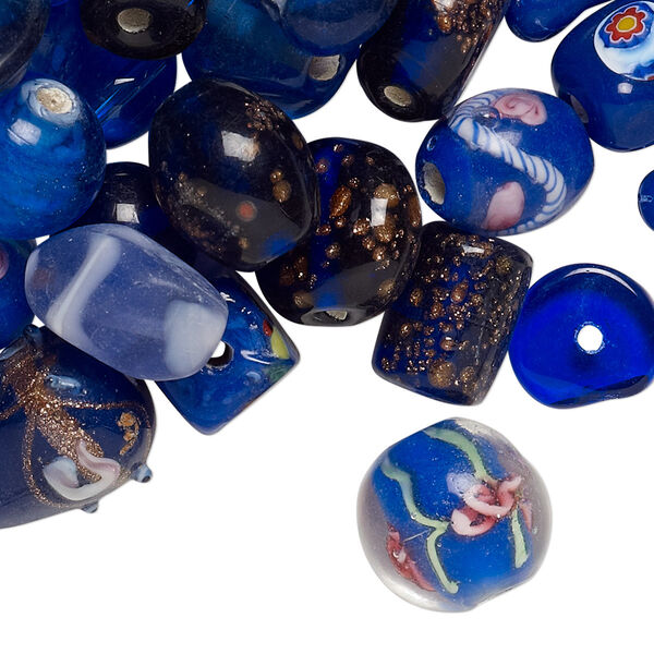 Bead mix, lampworked glass, blue with fancy finish, 7x4mm-14x11mm mixed shapes. Sold per pkg of 100-grams, approximately 60-100 beads. image number 0