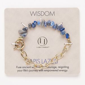 Bracelet, steel / brass / lapis lazuli (natural), pkg/1, 6 inches with springring clasp, gold finish.