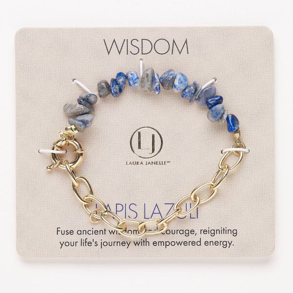 Bracelet, steel / brass / lapis lazuli (natural), pkg/1, 6 inches with springring clasp, gold finish. image number 0