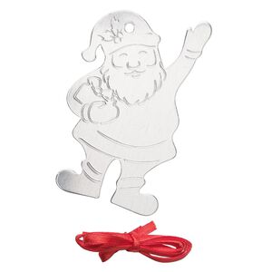 Ornament, ImpressArt®, aluminum and polyester, 2-13/16  x 1-3/4 inch Santa with ribbon. Sold per pkg of 3.