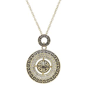 Necklace, Austrian crystal / enamel / gold-finished steel / "pewter" (zinc-based alloy), black and clear, 34mm round with Greek key design, 18 inches with 2-inch extender chain and lobster claw clasp. Sold individually.