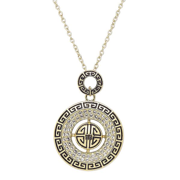 Necklace, Austrian crystal / enamel / gold-finished steel / "pewter" (zinc-based alloy), black and clear, 34mm round with Greek key design, 18 inches with 2-inch extender chain and lobster claw clasp. Sold individually. image number 0