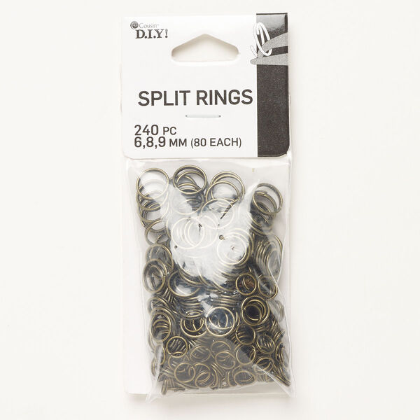 Split ring assortment, antique brass-finished steel, 6mm round / 8mm round / 9mm round. Sold per pkg of 240. image number 0