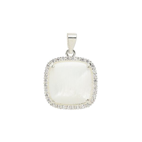 Pendant, glass rhinestone / mother-of-pearl shell / silver-finished brass, clear and white, 17mm single-sided square. Sold individually. image number 0