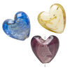Bead mix, lampworked glass, pkg/3, opaque and translucent multicolored with silver-colored foil and copper-colored glitter, 34-37mm puffed heart. image number 1