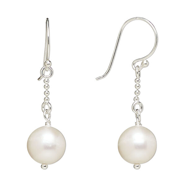 Earring, Create Compliments®, cultured freshwater pearl (bleached) and sterling silver, 35mm with 9mm round and fishhook ear wire, 21 gauge. Sold per pair. image number 0