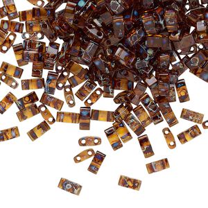 Seed bead, TILA®, glass, pkg/250g, 5x2.3mm half tila rectangle, translucent Picasso amber brown, (HTL-4502).