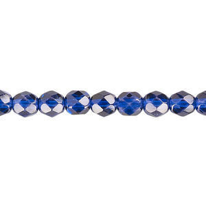 Bead, Czech fire-polished dipped décor glass, translucent cobalt, 6mm faceted round. Sold per pkg of 1,200 (1 mass).