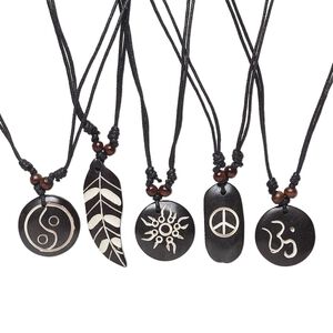 Necklace mix, bone and wood (dyed), black and brown, 32-59mm single-sided shapes and mixed designs wood accent beads on waxed cotton cord, adjustable 18-36 inches with macramé clasp. Sold per pkg of 5.