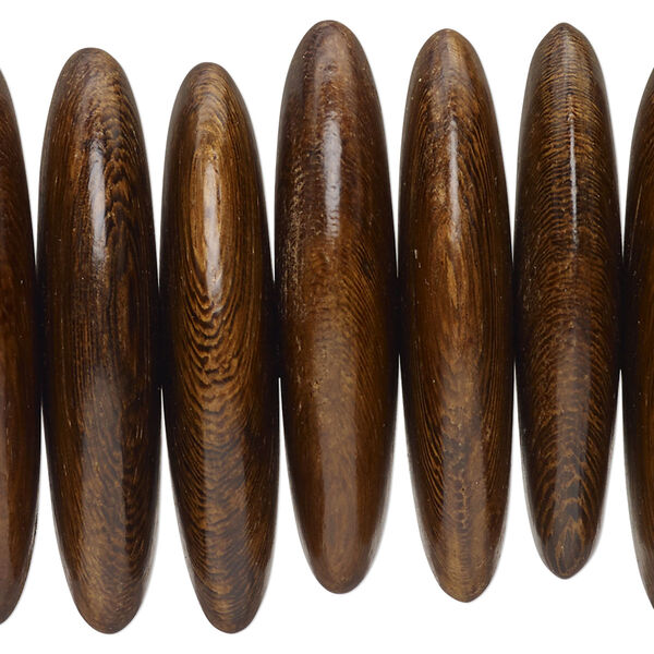 Bead, robles wood (waxed), pkg/4 inches, medium brown, 39x8.5mm-41x9.5mm hand-cut rondelle. image number 0
