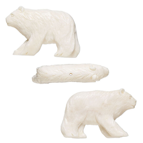 Focal, bone (bleached), 30x20mm hand-carved half-drilled 2-sided bear, Mohs hardness 2-1/2. Sold Individually. image number 0