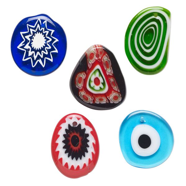 Drop, millefiori glass, translucent multicolored, 17x15mm-32x22mm top-drilled flat oval with flower / eye / spiral design. Sold per pkg of 5. image number 0