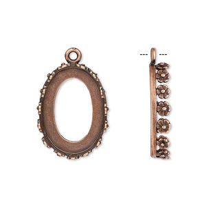 Drop, JBB Findings, antique copper-plated brass, 20x15mm oval with open back and flower design trim, 18x13mm oval bezel setting. Sold per pkg of 2.