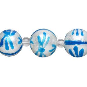 Bead, glass 1pkg8, opaque white and turquoise blue, 14mm hand-painted round.