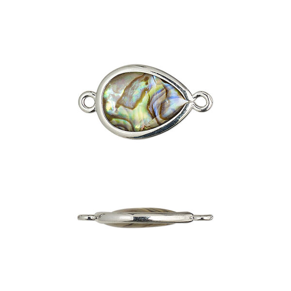 Link, paua shell and imitation rhodium-finished brass (assembled), 14.5x10.5mm-15.5x11.5mm double-sided teardrop. Sold per pkg of 4. image number 0