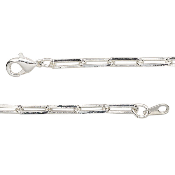 Chain, silver-plated brass, 3.3mm paperclip, 36 inches with lobster claw clasp. Sold individually. image number 0