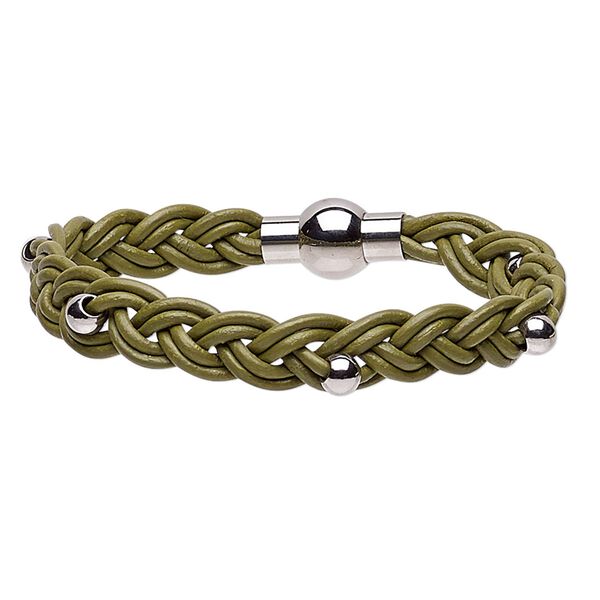 Bracelet, leather (dyed) and stainless steel, green, 11mm wide braided with 5mm round, 7-1/2 inches with magnetic clasp. Sold individually. image number 0