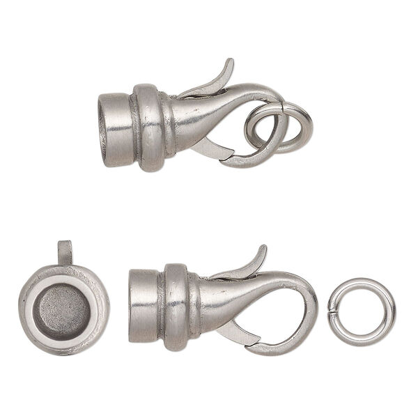 Clasp, glue-in, lobster claw, stainless steel, matte, 18.5x10mm, 6mm inside diameter. Sold individually. image number 0
