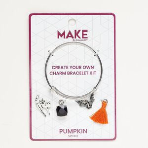 Bracelet and charm assortment, antique silver-finished brass / fabric / glass, orange and black, Pumpkin theme, 7-1/2 inches. Sold per 5-piece set.