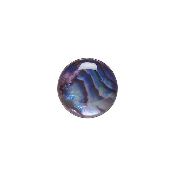 Cabochon, paua shell (coated / dyed), purple, 15mm calibrated round, Mohs hardness 3-1/2. Sold per pkg of 4. image number 0