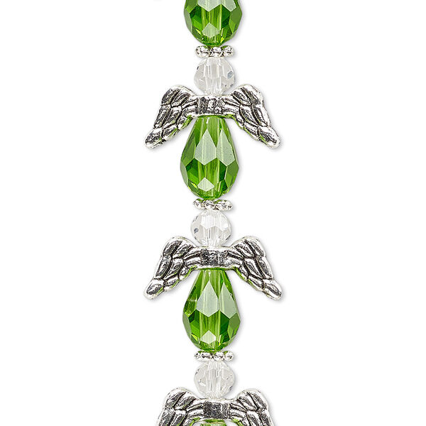 Bead, crystal and antique silver-plated "pewter" (zinc-based alloy), transparent lime green and clear, 17x14mm angel. Sold per pkg of 6. image number 0