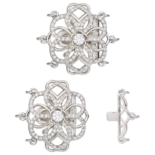Clasp, 3-strand tab, cubic zirconia and rhodium-plated brass, clear, 26x23mm domed open flower with 6 jump rings. Sold individually. image number 0