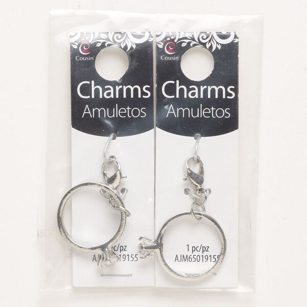 Charm, "pewter" (zinc-based alloy) / steel / glass, pkg/2, silver finish and clear, 27x22mm engagement ring with lobster claw clasp. image number 0