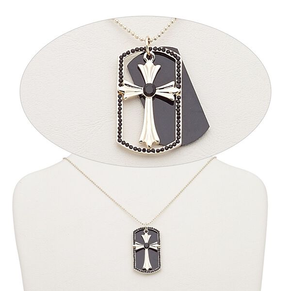 Necklace, Czech glass rhinestone / gold-finished steel / brass / "pewter" (zinc-based alloy), black, 43x24mm rounded rectangle with cross, 17 inches with 2-inch extender chain and lobster claw clasp. Sold individually. image number 0