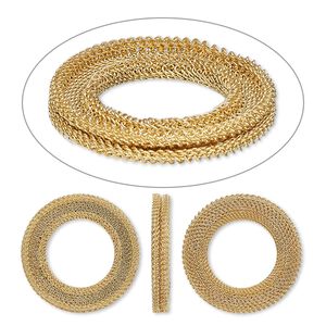Component, gold-plated brass, 28mm two-sided round mesh donut with 2.5mm channel and flat back. Sold per pkg of 2.