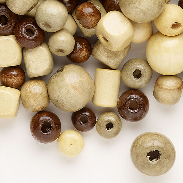 Bead mix, wood (natural / dyed), pkg/3 ounces, tan and brown, 8x4mm-15x13mm mixed shapes. image number 0