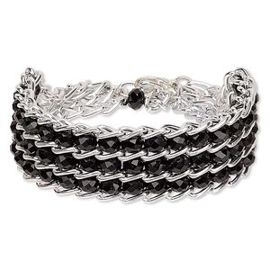 Bracelet, glass / aluminum / steel / brass, silver and black, 22mm wide, 7-1/2 inches with 1-inch extender chain and lobster claw clasp. Sold individually.