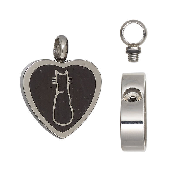 Pendant, stainless steel and silicone, black, 26x20mm heart with cat design and watertight chamber. Sold individually. image number 0