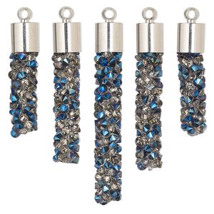 Focal, glass / resin / imitation rhodium-finished brass, metallic half-coated clear and blue, 22.5x6mm-37x6mm graduated fan stick. Sold per 5-piece set.