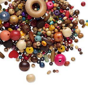Bead mix, wood (natural / dyed), mixed colors, 4x3mm-40x20mm mixed shape. Sold per 100-gram pkg, approximately 320-560 beads.