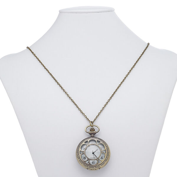 Necklace, plastic with antique brass-plated steel and "pewter" (zinc-based alloy), black / white / clear, 64x47mm round watch with cutout and floral design, 28 inches with lobster claw clasp. Sold individually. image number 0