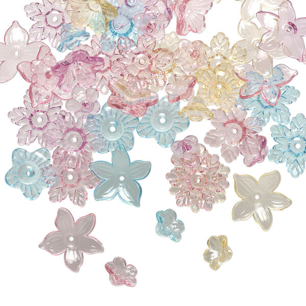 Component mix, acrylic, transparent multicolored, 12x12mm-21x20mm center-drilled flower. Sold per 1/4 pound pkg, approximately 250 components. image number 0