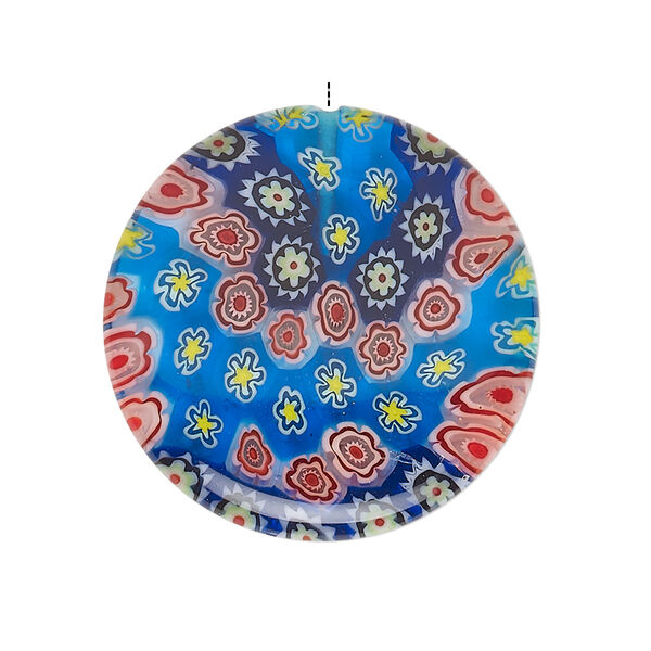 Bead, millefiori glass, translucent mixed colors, 30mm half-drilled puffed flat round with star and flower design, 0.6-0.8mm hole. Sold individually. image number 0