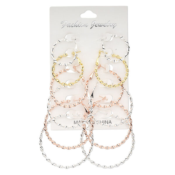 Earring, silver- / copper-plated / gold-finished steel, 24-49mm twisted round hoop with hinged closure. Sold per pkg of 6 pairs. image number 0