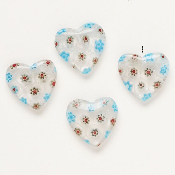 Bead, millefiori glass, clear / translucent sky blue / multicolored, 19-20mm half-drilled puffed heart. Sold per pkg of 4. image number 0