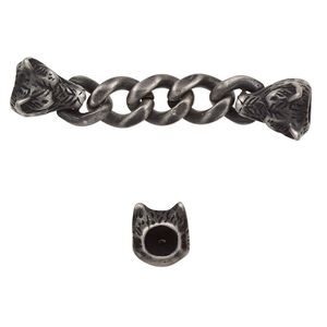 Focal, stainless steel, black, 51x9.5mm with 12.5x10mm wolf and 8.6mm curb chain with 2 glue-in cord ends, 3.5mm inside diameter. Sold individually.