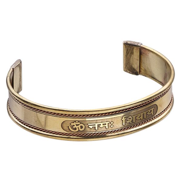 Bracelet, cuff, brass and copper, 15mm wide with rope design and "om namah shivaya," adjustable from 7 to 8 inches. Sold individually. image number 0
