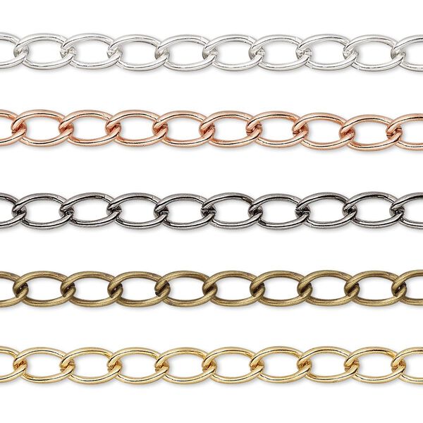 Extender chain mix, gold- / silver- / gunmetal- / copper- / antique gold-plated brass, 4mm curb. Sold per pkg of (5) 3-inch sections. image number 0