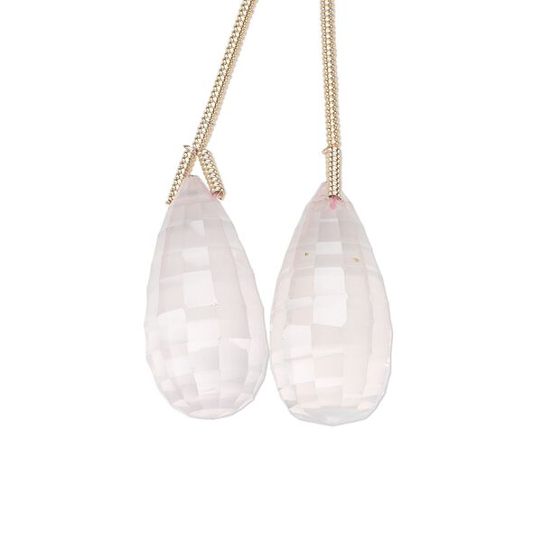 Rose quartz 1pkg2, hand-cut top-drilled checkerboard faceted briolette bead natural 20x10mm image number 0