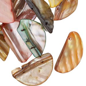 Bead mix, spacer, 2-strand, mother-of-pearl shell (bleached/dyed), mixed AB colors, 27x14mm-32x18mm half-moon, fits up to 12mm beads, Mohs hardness 3-1/2. Sold per 4-ounce pkg, approximately 40 beads.