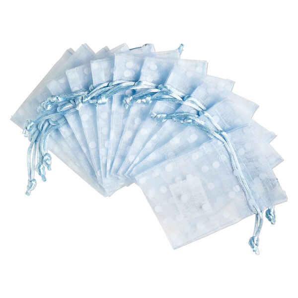 Pouch, flocked organza, light blue and white, 4x3 inches with dots pattern and drawstring closure. Sold per pkg of 12. image number 0