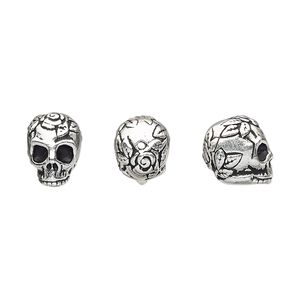 Bead, TierraCast®, antique silver-plated pewter (tin-based alloy), 10x8mm 3D skull with rose and leaf design. Sold per pkg of 20.