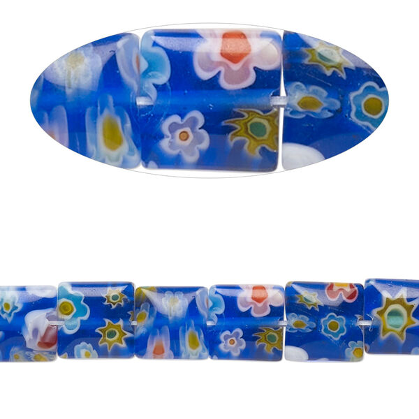 Bead, millefiori glass, translucent blue and multicolored, 7mm-9x8mm puffed square with flower design. Sold per 14-inch strand, approximately 50 beads. image number 0