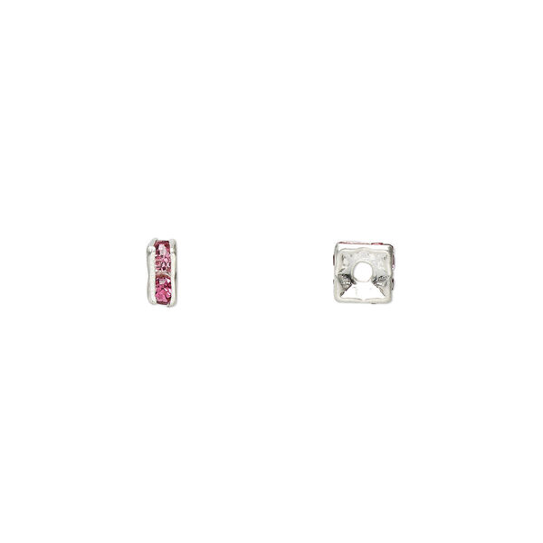 Bead, glass rhinestone and silver-plated brass, rose, 4x2mm squaredelle. Sold per pkg of 10. image number 0