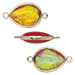 Link, Opalized Ice™, "opal" (resin) and gold-finished brass, orange, 19.5x15mm double-sided teardrop. Sold per pkg of 4.